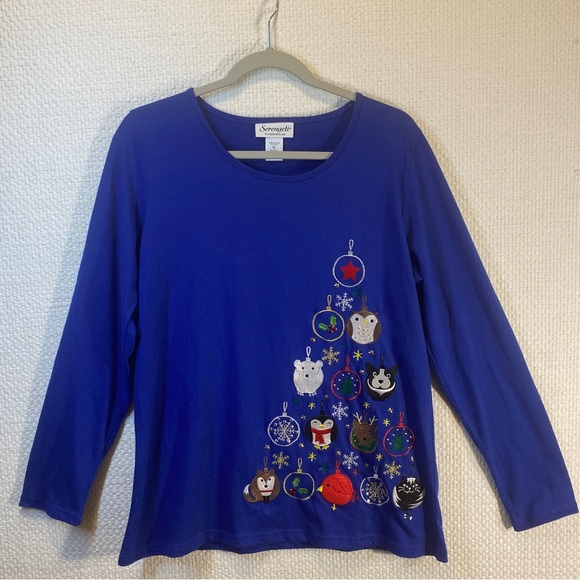 Serengeti Women's XL Long Sleeve Blue Embroidered Tree Christmas Office Party - Picture 1 of 6